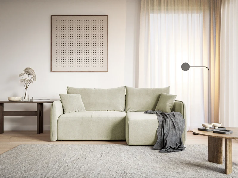 Ecksofa mit Schlaffunktion Mavio, L-förmig, cremefarben, mit Stauraum, hydrophobes Samt, universell einsetzbar