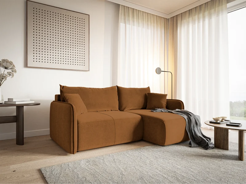 Ecksofa mit Schlaffunktion Mavio, L-förmig, kupferfarben, mit Stauraum, wasserabweisender Samt, universell einsetzbar