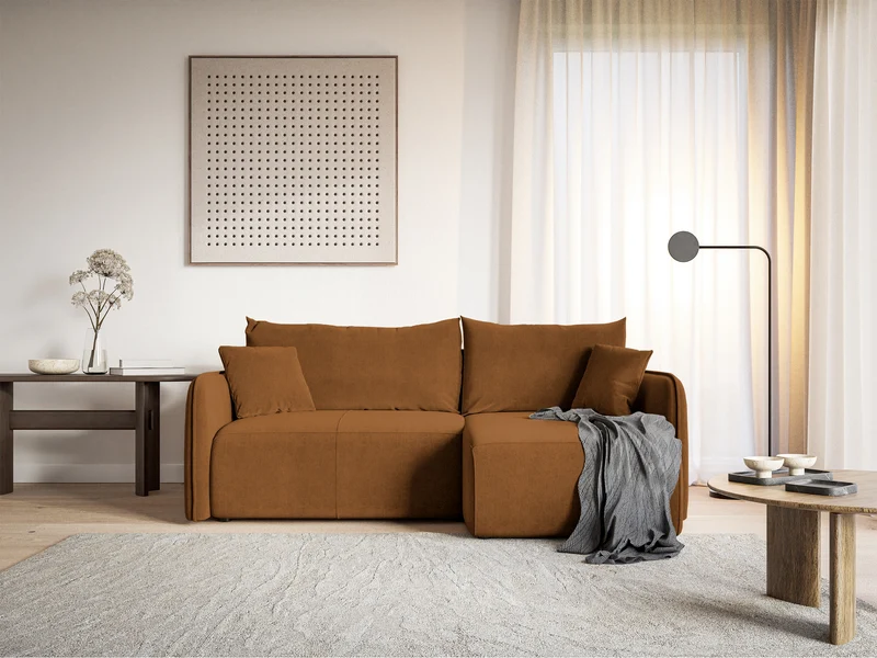 Ecksofa mit Schlaffunktion Mavio, L-förmig, kupferfarben, mit Stauraum, wasserabweisender Samt, universell einsetzbar