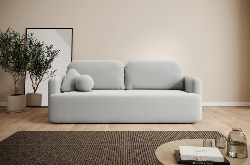 Dreisitziges ausklappbares Sofa Lambina mit Stauraum, grauer Samt, pflegeleicht