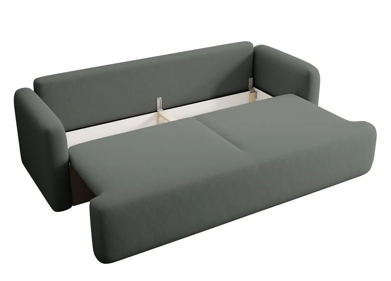 Dreisitziges ausklappbares Sofa Lambina mit Stauraum, dunkelgrauer, pflegeleichter Samtvelours