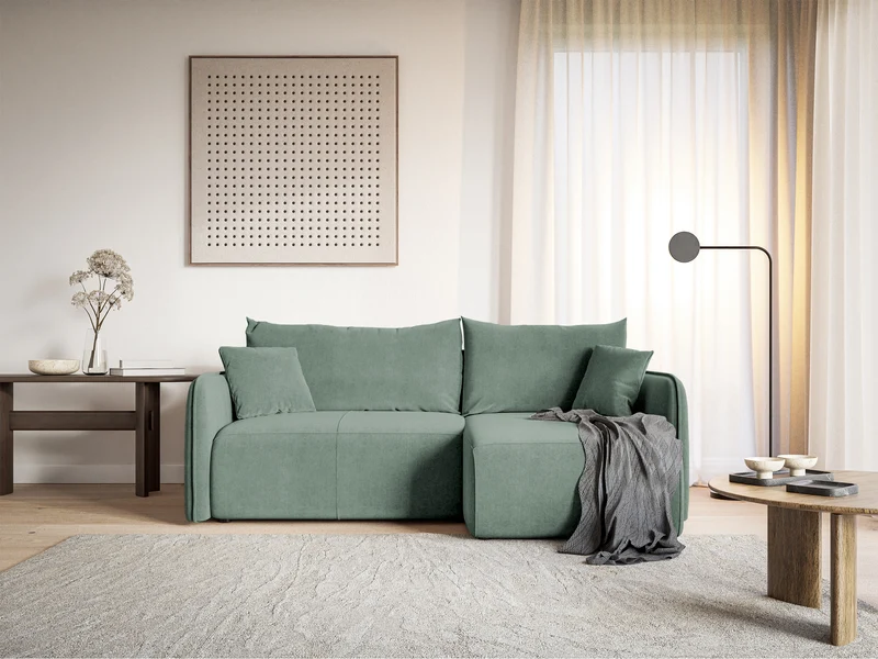 Ecksofa mit Schlaffunktion Mavio, L-förmig, salbeigrün, mit Stauraum, hydrophobes Samt, universell einsetzbar