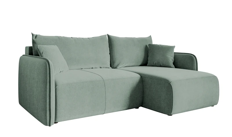 Ecksofa mit Schlaffunktion Mavio, L-förmig, salbeigrün, mit Stauraum, hydrophobes Samt, universell einsetzbar