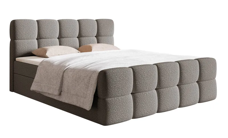 Kontinentalbett 180x200 cm Cloudy mit Stauraum und Topper, grauer Bouclé-Stoff