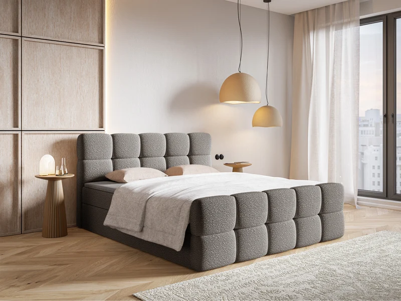 Kontinentalbett 180x200 cm Cloudy mit Stauraum und Topper, grauer Bouclé-Stoff