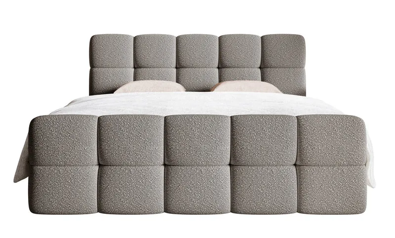 Kontinentalbett 180x200 cm Cloudy mit Stauraum und Topper, grauer Bouclé-Stoff