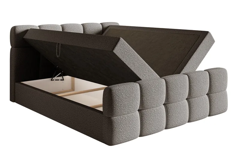 Kontinentalbett 180x200 cm Cloudy mit Stauraum und Topper, grauer Bouclé-Stoff