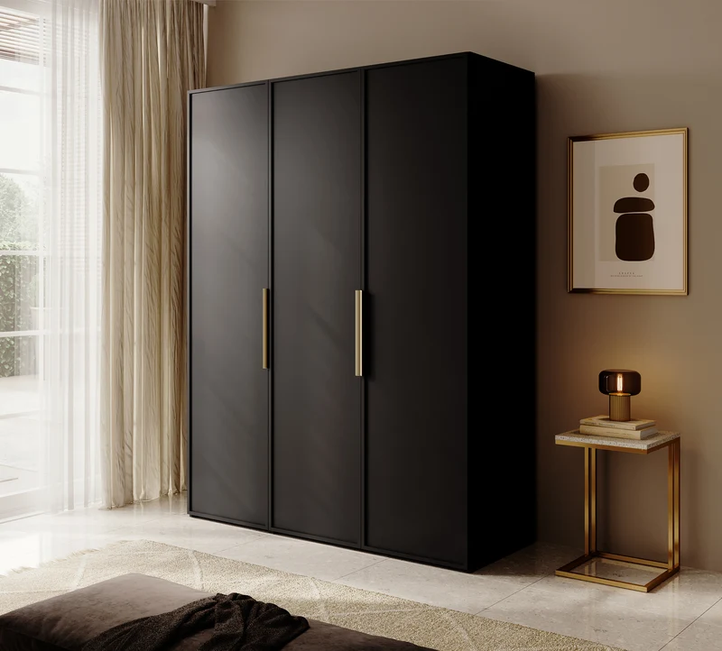 Drehtürenschrank Frame mit langer Kleiderstange und sieben Regalböden, 150 cm, Schwarz