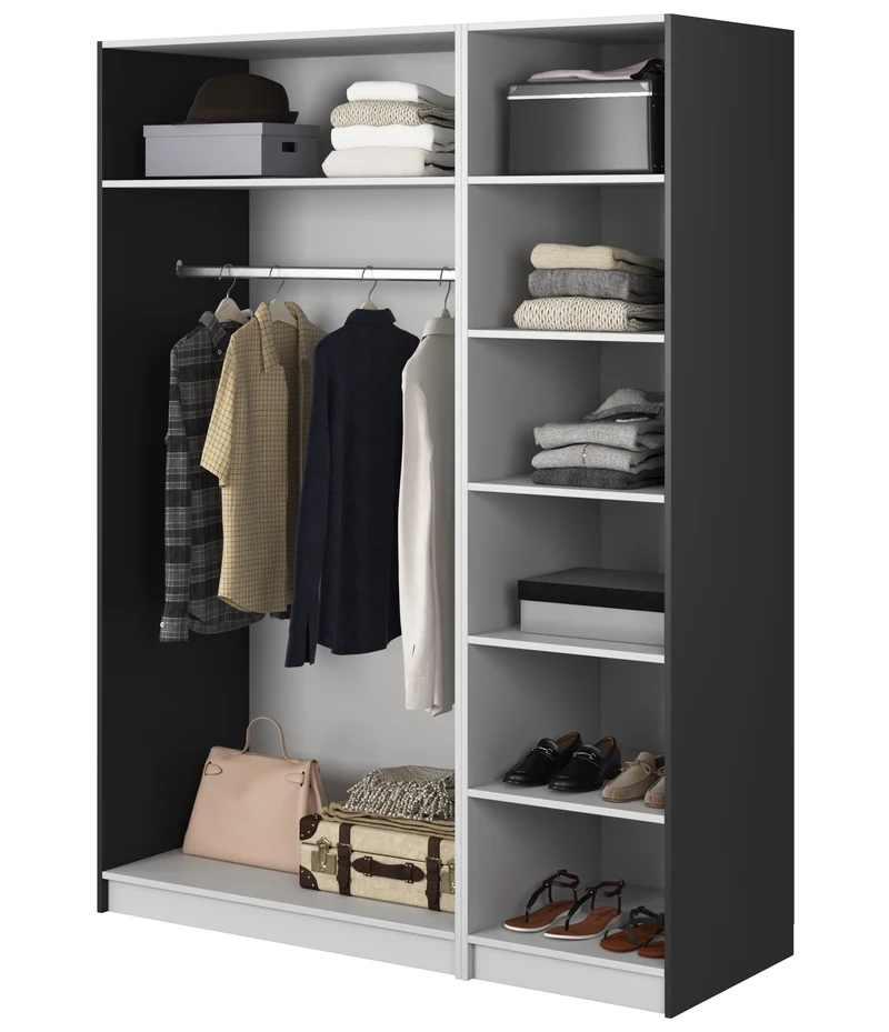 Drehtürenschrank Frame mit langer Kleiderstange und sieben Regalböden, 150 cm, Schwarz