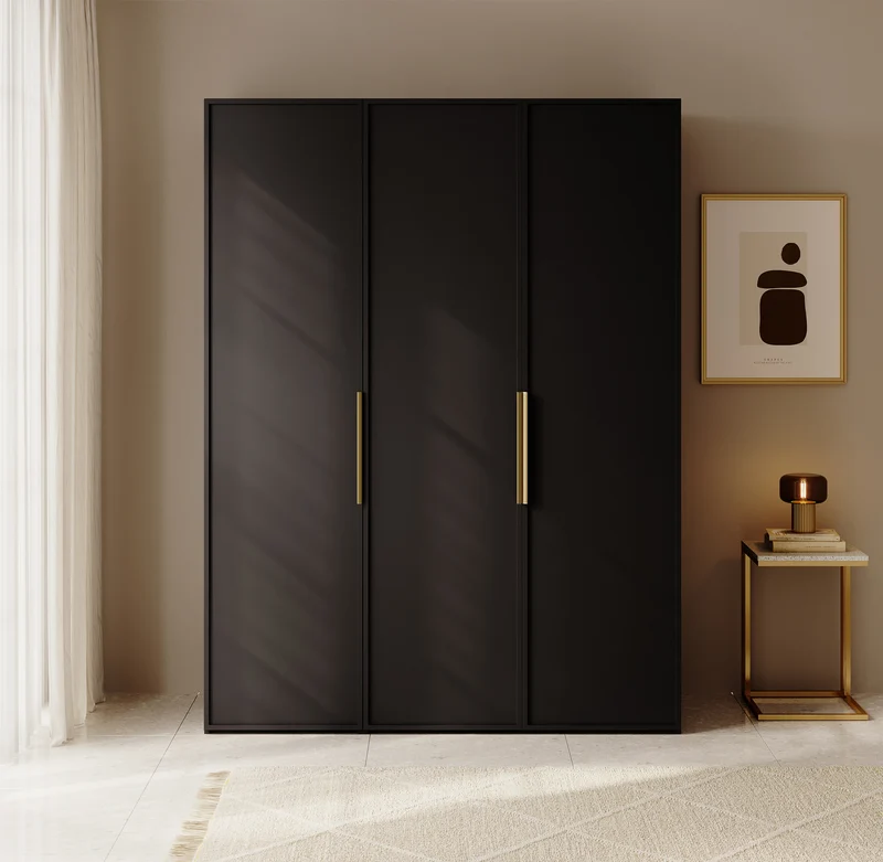 Drehtürenschrank Frame mit langer Kleiderstange und sieben Regalböden, 150 cm, Schwarz