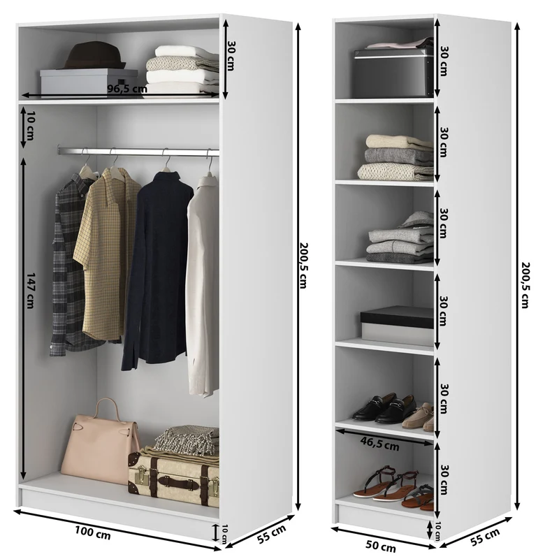 Drehtürenschrank Frame mit langer Kleiderstange und sieben Regalböden, 150 cm, Schwarz