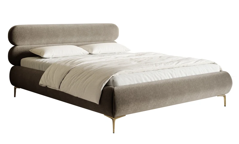 Gepolstertes Bett 160x200 cm Roule in grau-beigem, hydrophobem Samt mit goldenen Füßen