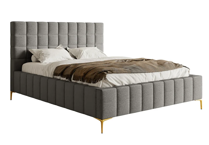 Gepolstertes Bett 160x200 cm Szejlo mit Stauraum, Metallrahmen, grauer Chenille-Stoff