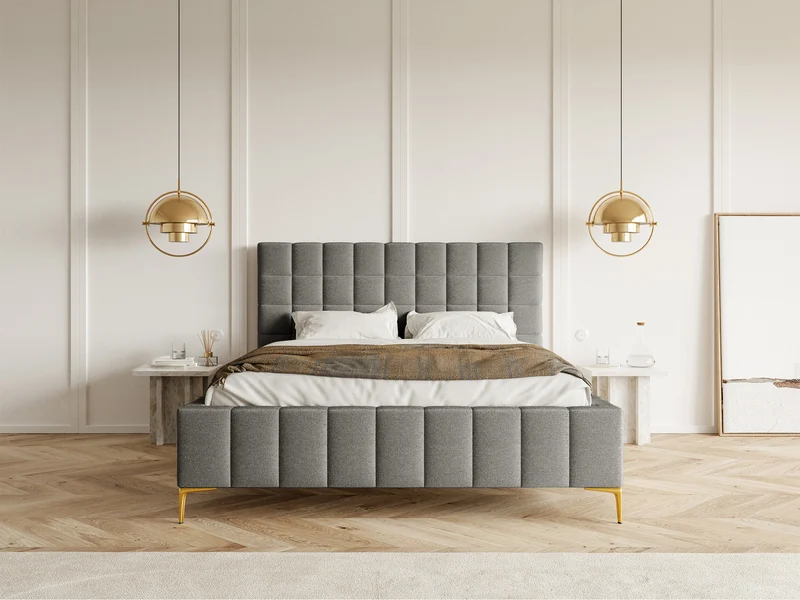 Gepolstertes Bett 160x200 cm Szejlo mit Stauraum, Metallrahmen, grauer Chenille-Stoff