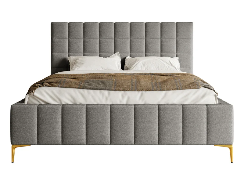 Gepolstertes Bett 160x200 cm Szejlo mit Stauraum, Metallrahmen, grauer Chenille-Stoff