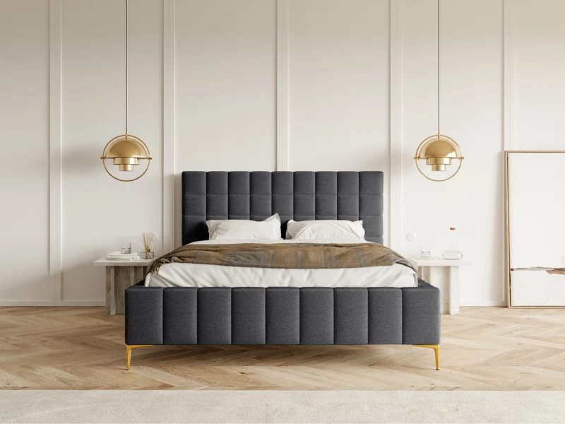 Gepolstertes Bett 160x200 cm Szejlo mit Stauraum, Metallrahmen, dunkelgrauer Chenille-Stoff