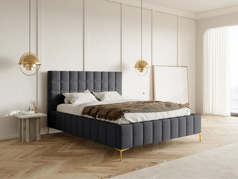 Gepolstertes Bett 160x200 cm Szejlo mit Stauraum, Metallrahmen, dunkelgrauer Chenille-Stoff