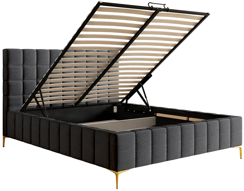 Gepolstertes Bett 160x200 cm Szejlo mit Stauraum, Metallrahmen, dunkelgrauer Chenille-Stoff