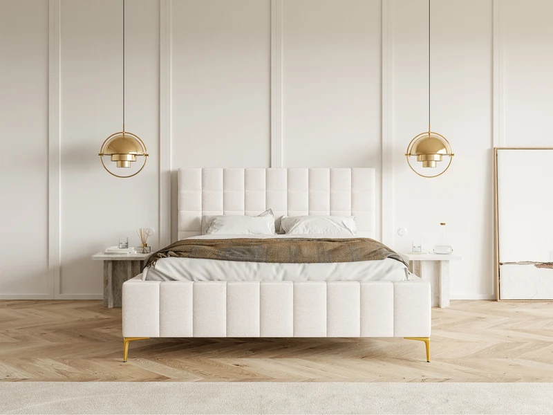 Polsterbett 140x200 cm Szejlo mit Stauraum, Metallrahmen, cremefarbener Chenillebezug