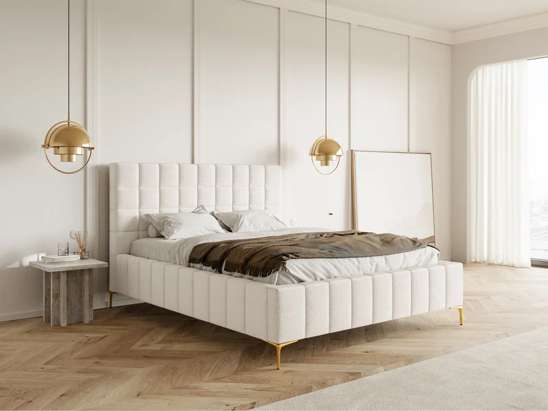 Polsterbett 140x200 cm Szejlo mit Stauraum, Metallrahmen, cremefarbener Chenillebezug