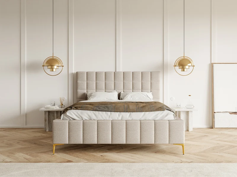 Polsterbett 180x200 cm Szejlo mit Stauraum, Metallrahmen, grau-beiges Chenille