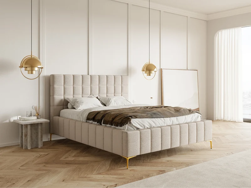 Polsterbett 180x200 cm Szejlo mit Stauraum, Metallrahmen, grau-beiges Chenille