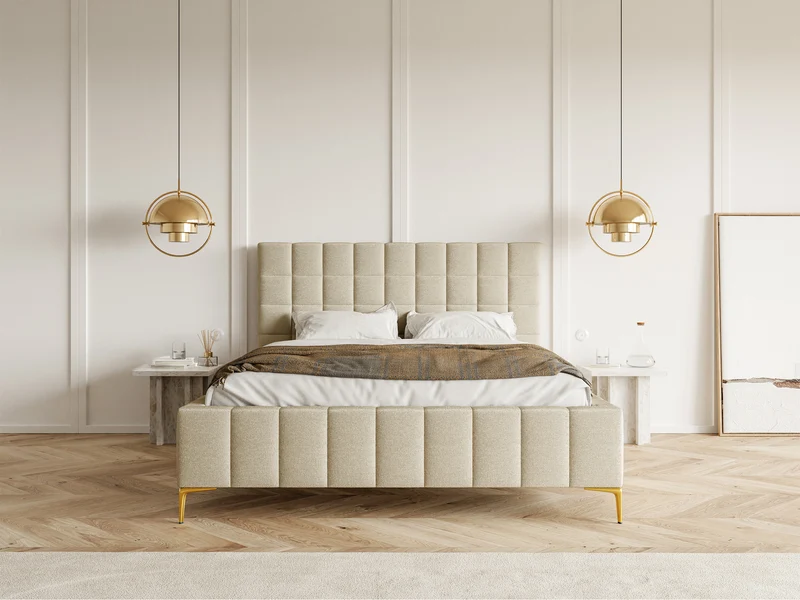Polsterbett 160x200 cm Szejlo mit Stauraum, Metallrahmen, beiger Chenillestoff