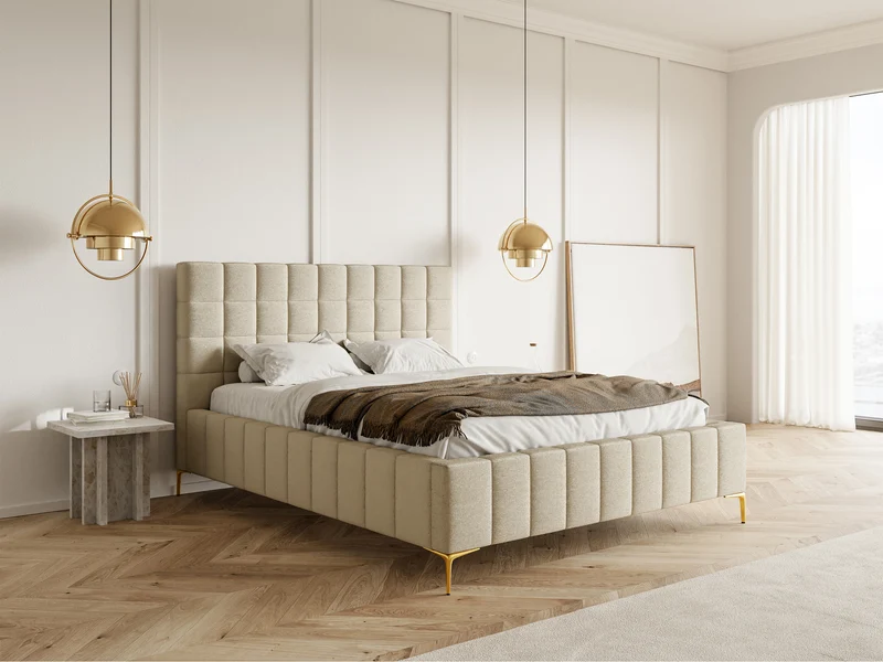 Polsterbett 160x200 cm Szejlo mit Stauraum, Metallrahmen, beiger Chenillestoff