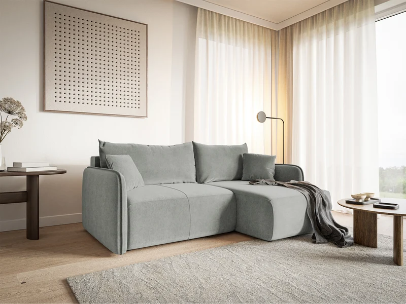 Ecksofa mit Schlaffunktion Mavio, L-förmig, hellgrau, mit Stauraum, hydrophober Samt, universell einsetzbar