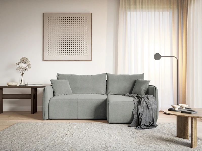 Ecksofa mit Schlaffunktion Mavio, L-förmig, hellgrau, mit Stauraum, hydrophober Samt, universell einsetzbar