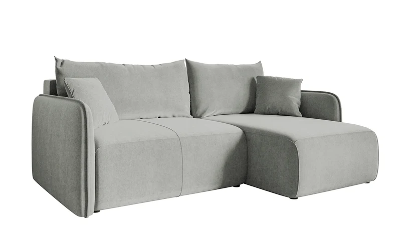 Ecksofa mit Schlaffunktion Mavio, L-förmig, hellgrau, mit Stauraum, hydrophober Samt, universell einsetzbar