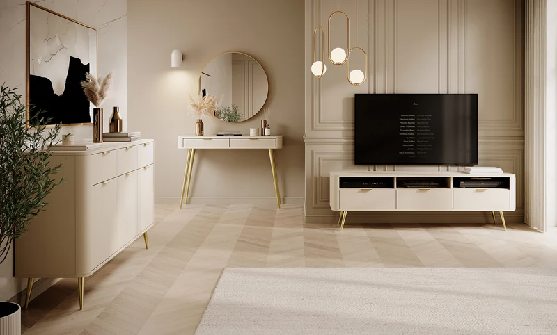 Oval dreitürige Kommode mit Schubladen, 163,5 cm, sandbeige
