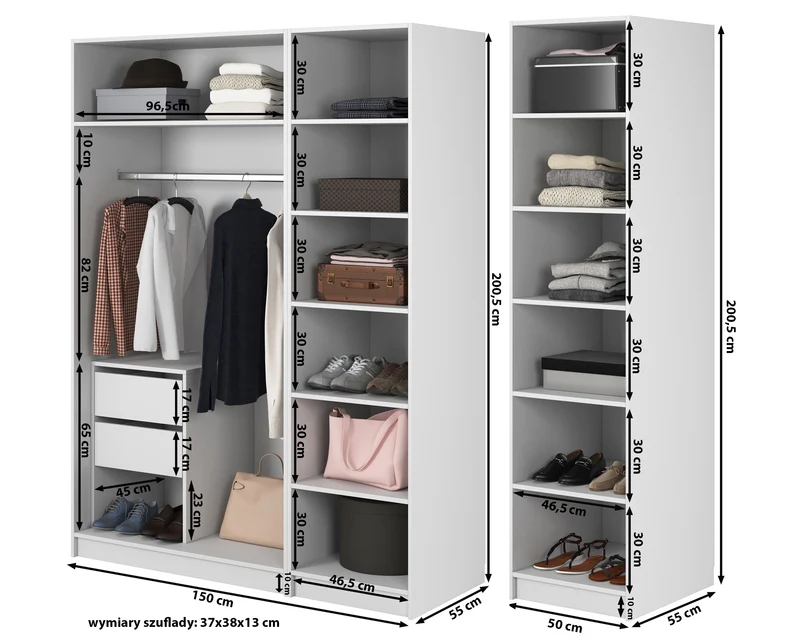 Vier­türiger Kleiderschrank Moonir mit Kleiderstange, Regalen und Container, 200 cm, Weiß