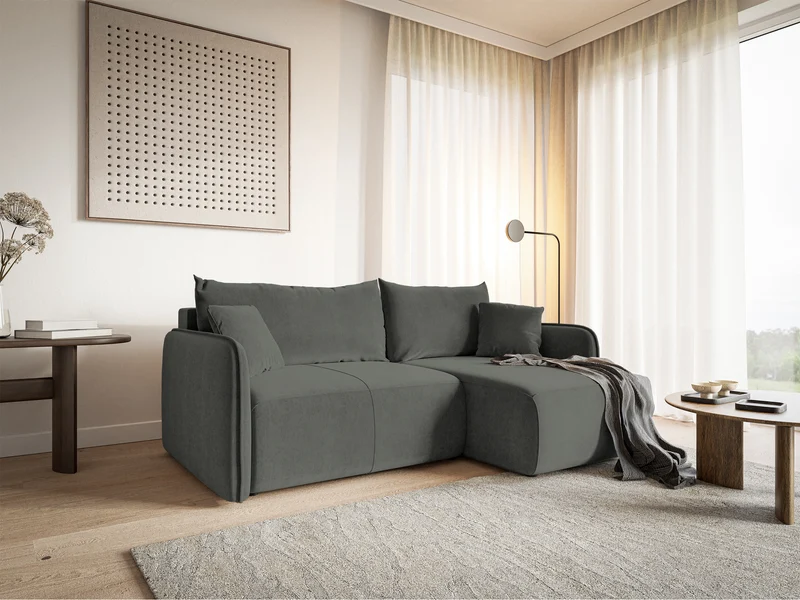 Ecksofa mit Schlaffunktion Mavio, L-förmig, grau, mit Stauraum, hydrophobes Samt, universell einsetzbar