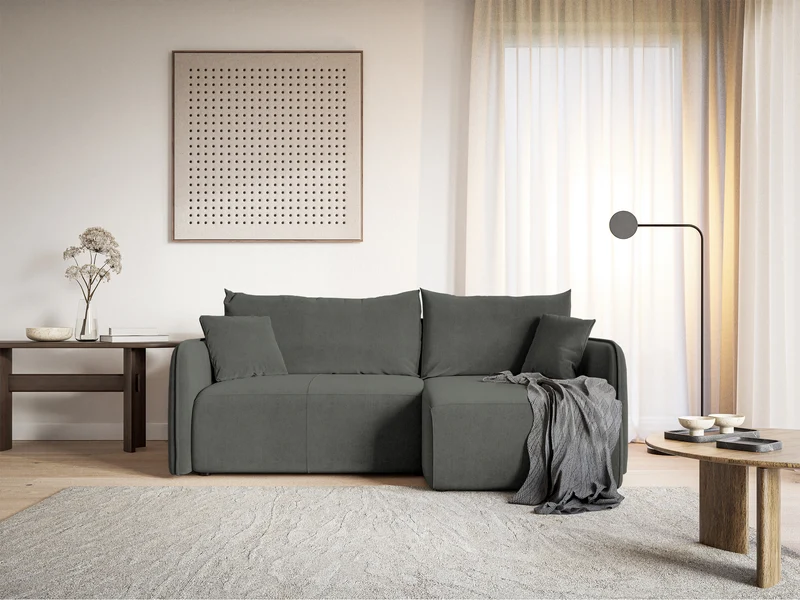 Ecksofa mit Schlaffunktion Mavio, L-förmig, grau, mit Stauraum, hydrophobes Samt, universell einsetzbar