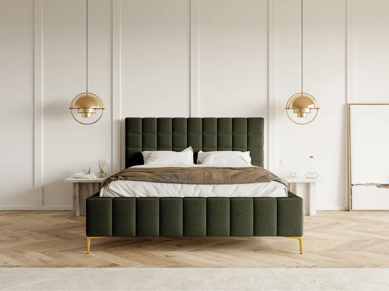 Polsterbett 180x200 cm Szejlo mit Stauraum, Metallrost, olivgrüner Chenillestoff