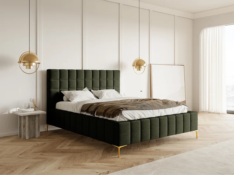Polsterbett 180x200 cm Szejlo mit Stauraum, Metallrost, olivgrüner Chenillestoff