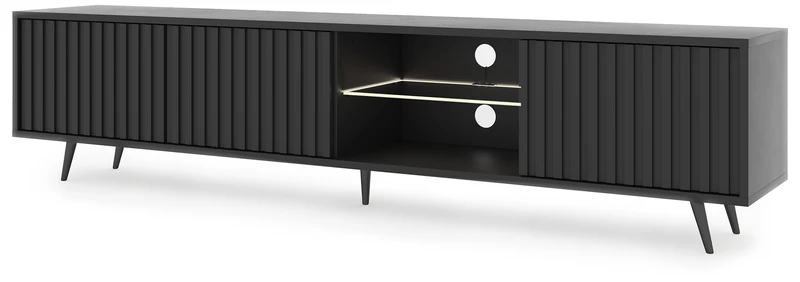 TV-Schrank Bello mit Lamellenfronten, 175 cm, schwarz, mit LED und schwarzen Beinen