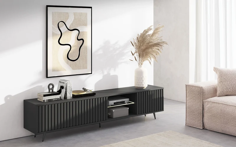 TV-Schrank Bello mit Lamellenfronten, 175 cm, schwarz, mit LED und schwarzen Beinen