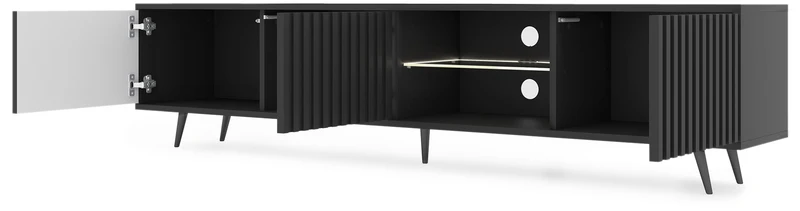 TV-Schrank Bello mit Lamellenfronten, 175 cm, schwarz, mit LED und schwarzen Beinen