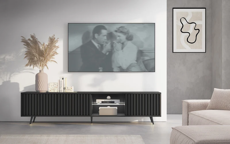 TV-Schrank Bello mit Lamellenfronten, 175 cm, schwarz, mit LED und schwarzen Beinen
