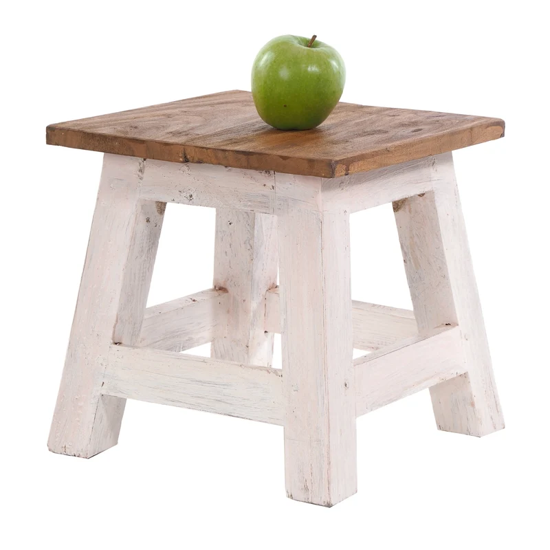 Fusshocker PALO | 27x26cm (HxB), rustikaler Holzhocker Mahagoni Hocker | Farbe: 05 weiß-natur