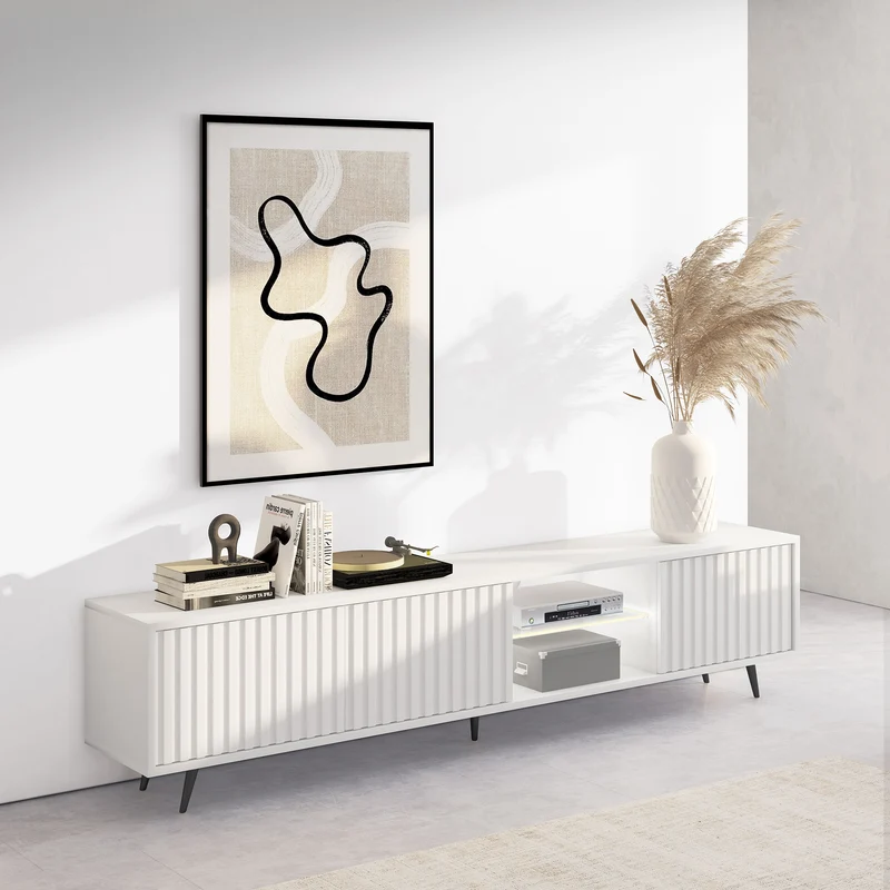 TV-Schrank Bello mit Lamellenfronten, 175 cm, weiß, mit LED und schwarzen Beinen