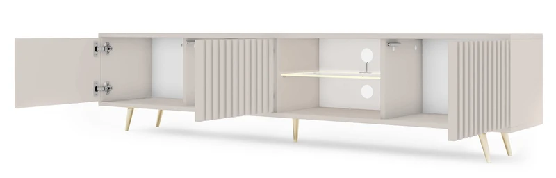 Drehtüriger TV-Schrank Bello mit Lamellenfronten und einer Glasablage mit LED-Beleuchtung, 175 cm, Kaschmir auf goldenen Beinen