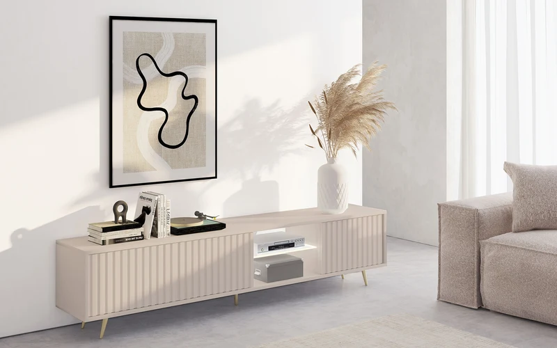 Drehtüriger TV-Schrank Bello mit Lamellenfronten und einer Glasablage mit LED-Beleuchtung, 175 cm, Kaschmir auf goldenen Beinen