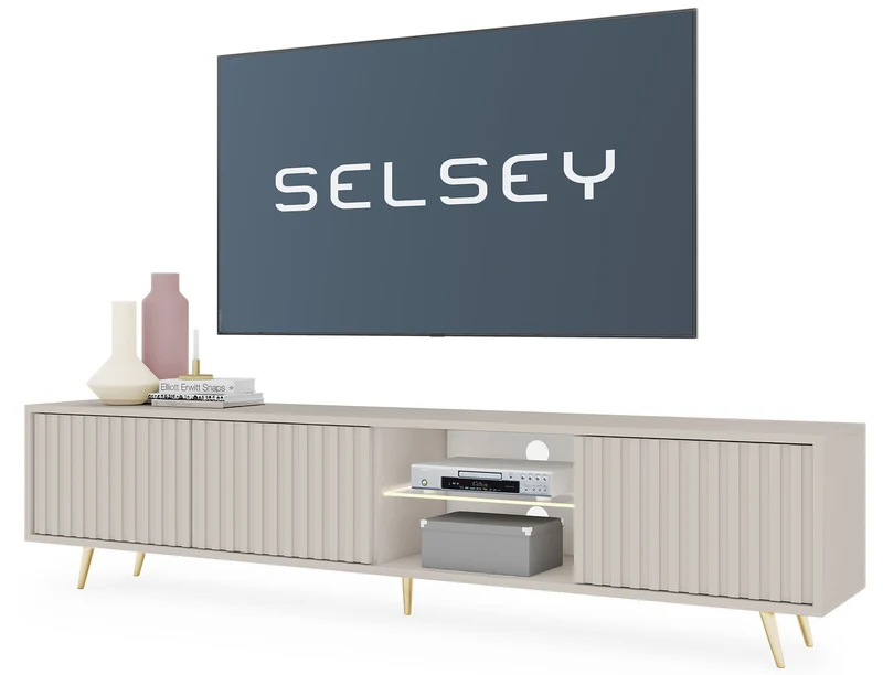 Drehtüriger TV-Schrank Bello mit Lamellenfronten und einer Glasablage mit LED-Beleuchtung, 175 cm, Kaschmir auf goldenen Beinen