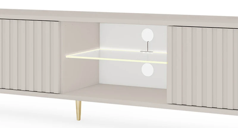Drehtüriger TV-Schrank Bello mit Lamellenfronten und einer Glasablage mit LED-Beleuchtung, 175 cm, Kaschmir auf goldenen Beinen