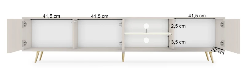 Drehtüriger TV-Schrank Bello mit Lamellenfronten und einer Glasablage mit LED-Beleuchtung, 175 cm, Kaschmir auf goldenen Beinen