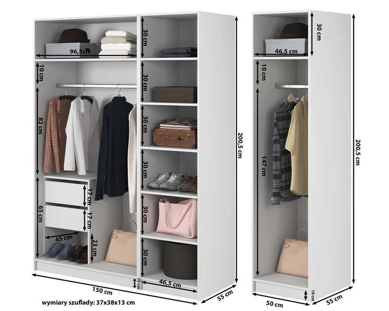 Vier­türiger Kleiderschrank Moonir mit zwei Kleiderstangen, Regalen und Container 200 cm Schwarz