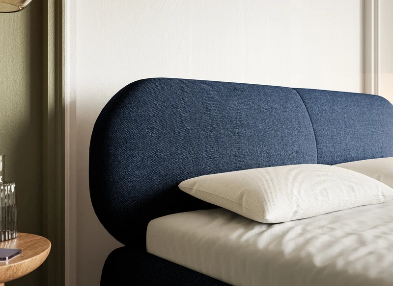 Gepolstertes Bett 160x200 cm Ovalle mit Stauraum, Metallrahmen, marineblaue hydrofobe Flechtung, schwarze Beine